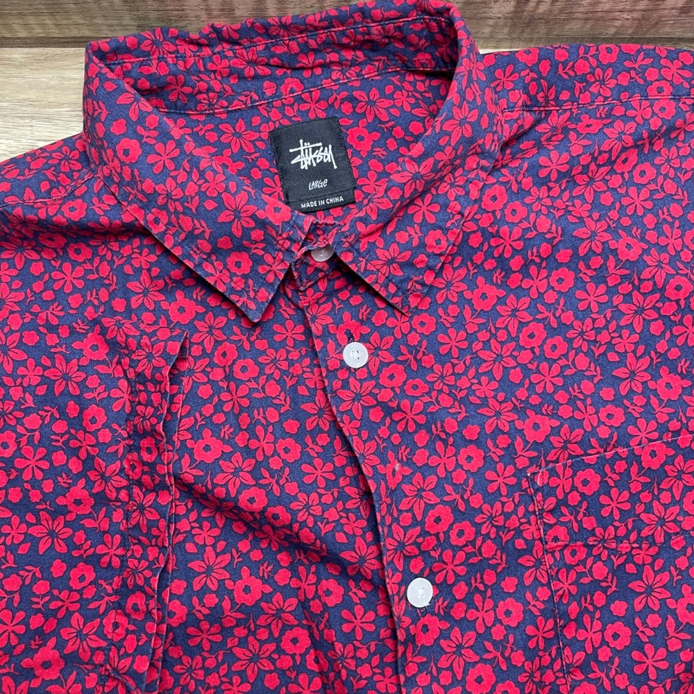 Stussy Mens AOP Floral Short Sleeve Button Down Shirt Navy Red Large Streetwear